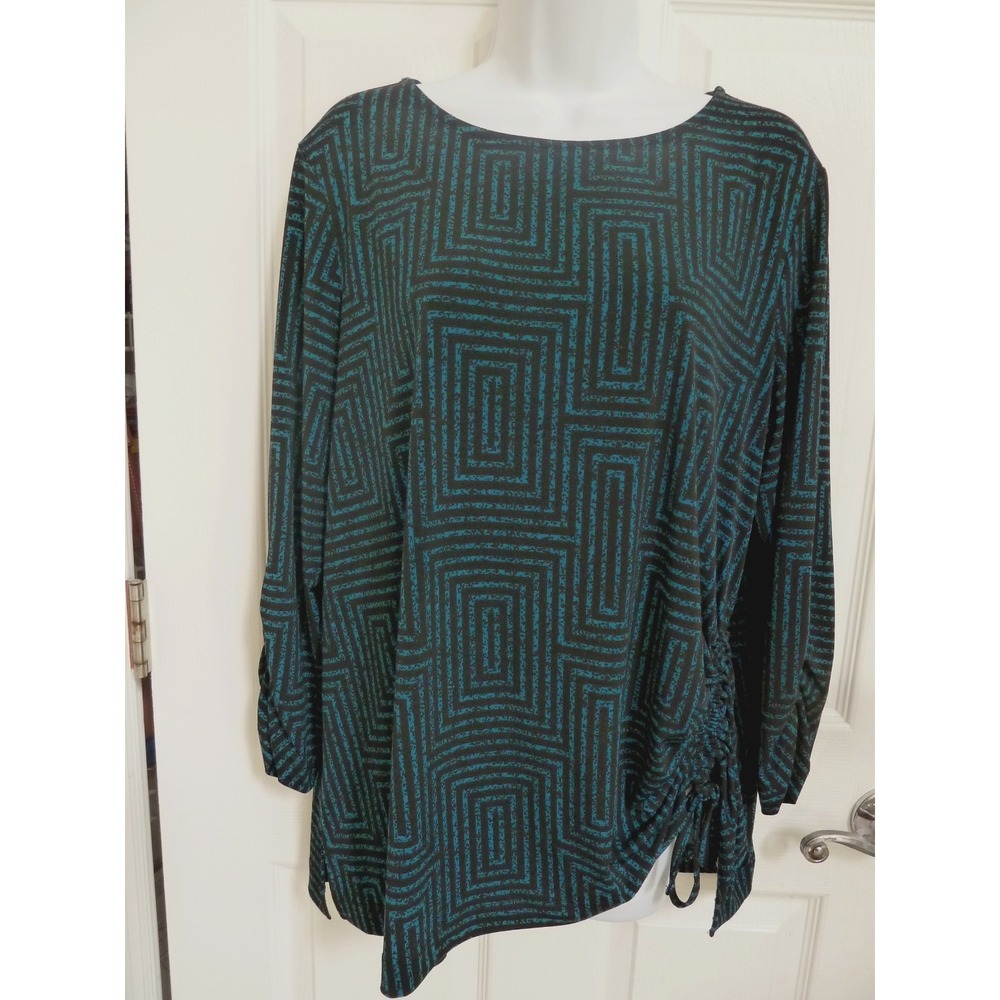 Ali Miles Blouse L 14/16 Aqua Black Geometric Cinched Hem 3/4 Sleeve Artsy Top